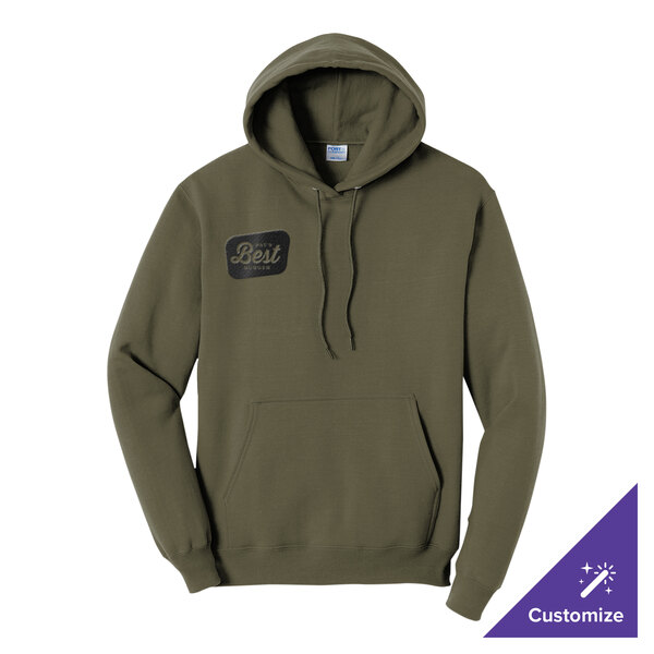 A large olive drab green unisex pullover hoodie sweatshirt with a front pocket and customizable design.