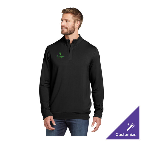 A black unisex quarter-zip fleece pullover sweatshirt with a small green 'forage' logo on the chest.