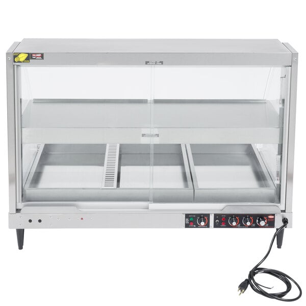 A Hatco heated glass display case with curved glass.