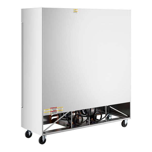 A large stainless steel commercial reach-in freezer on wheels with a solid front panel and visible compressor components at the bottom.