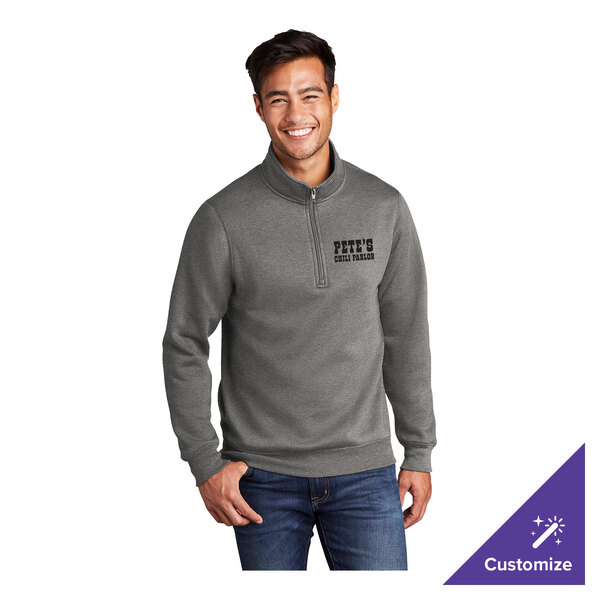 A gray unisex quarter-zip pullover sweatshirt with customizable text on the chest.