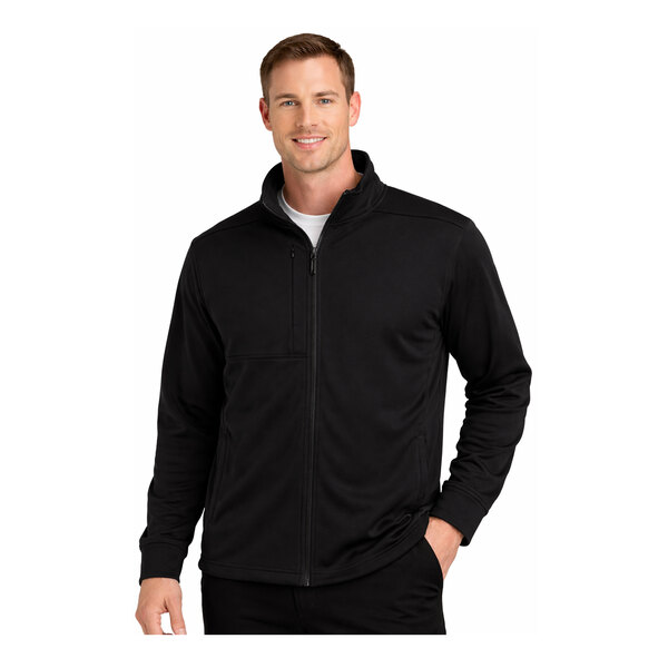 A black full-zip fleece jacket with a high collar and long sleeves.