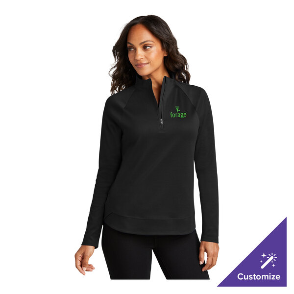 A women's deep black quarter-zip sweatshirt with a customizable logo on the chest, made from a poly/cotton blend.