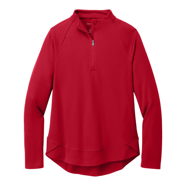A Port Authority women's red quarter-zip sweatshirt.