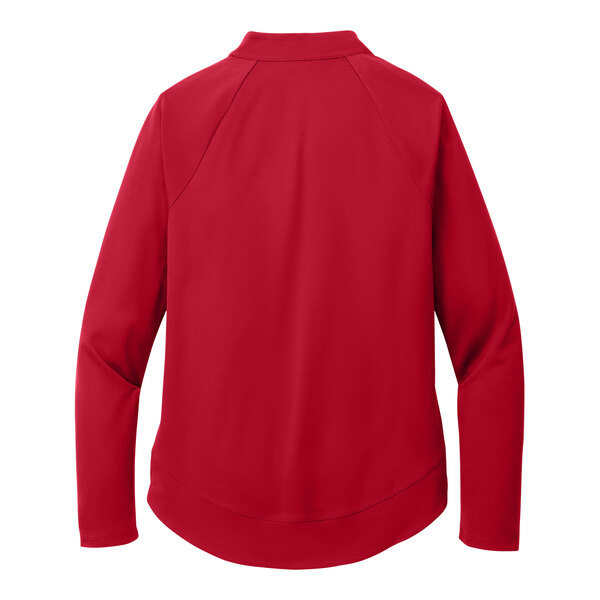 A Port Authority women's red quarter-zip sweatshirt with long sleeves.