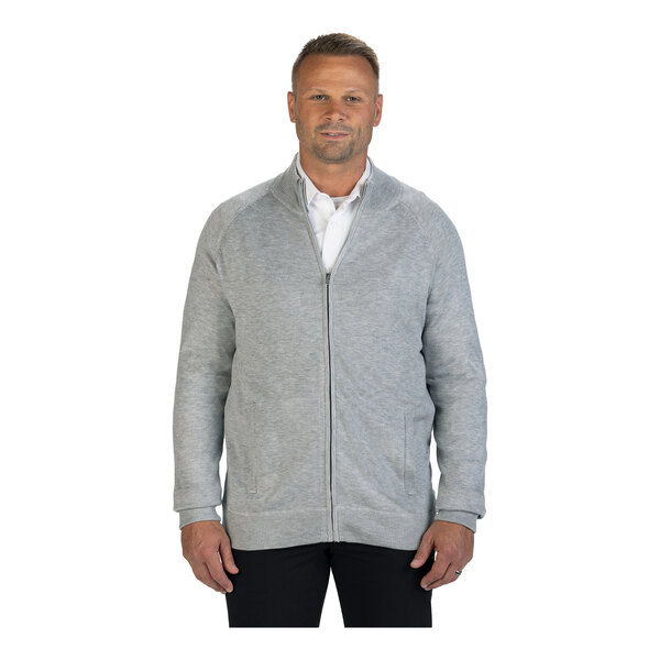 A unisex gray heather full-zip sweater jacket made from an acrylic and nylon blend.