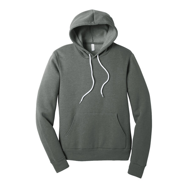 A grey hoodie with white strings.