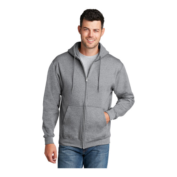 A man wearing a Port & Company athletic heather full-zip hoodie.