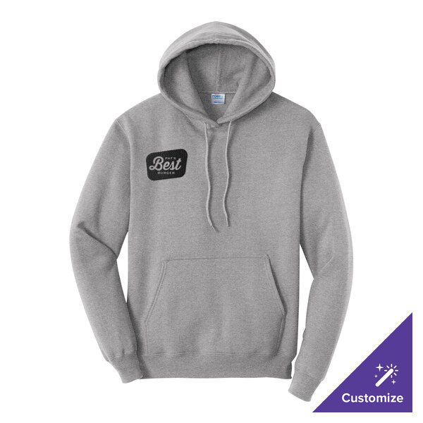 A gray unisex pullover hoodie sweatshirt with a front pocket and a small printed design on the left chest.