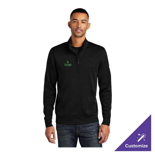 A black Nike Dri-FIT unisex half-zip sweater with a customizable logo on the chest.