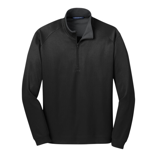 A black Port Authority quarter-zip pullover sweater.