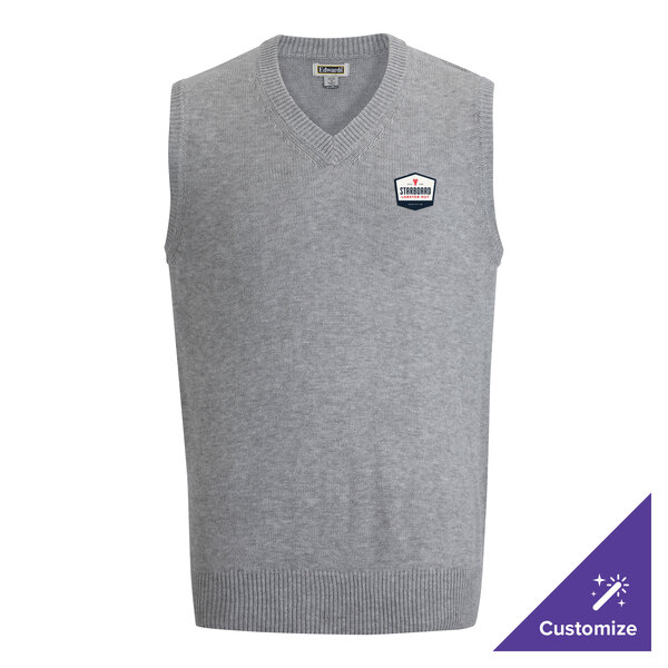 A gray heather unisex acrylic jersey knit vest with a V-neck and a small embroidered logo on the chest.