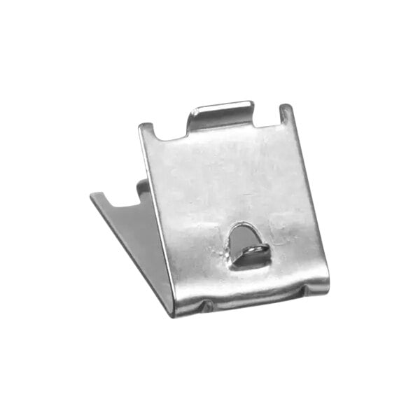 A stainless steel metal clip with a hole.