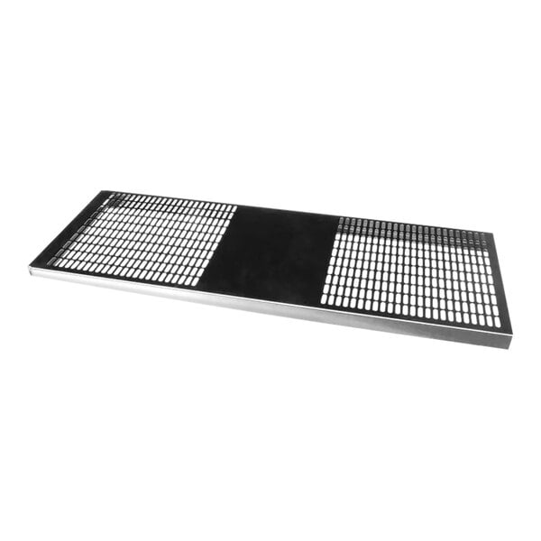 A black and silver metal louver panel with rectangular holes.