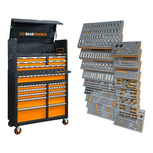 A black and orange Gearwrench Megamod tool box with a large assortment of tools inside.