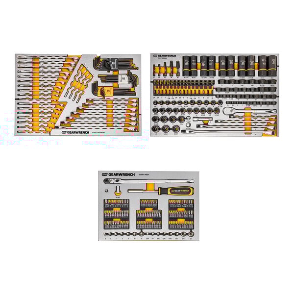A Gearwrench Megamod tool box set with many different tools inside.