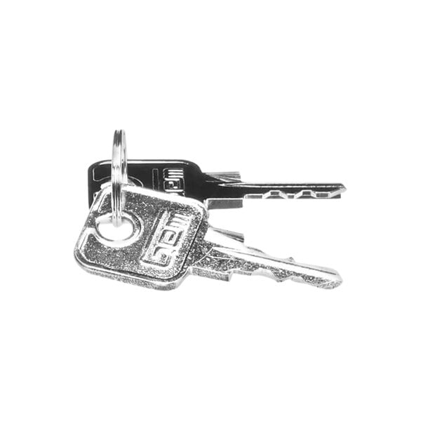 A close-up of a set of Everest Refrigeration door keys on a key ring.