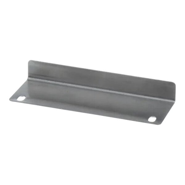 A metal L-bracket with two holes in it.