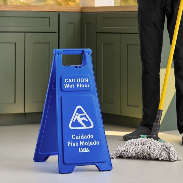 Lavex 25" Blue Polypropylene A-Frame "CAUTION Wet Floor" Sign