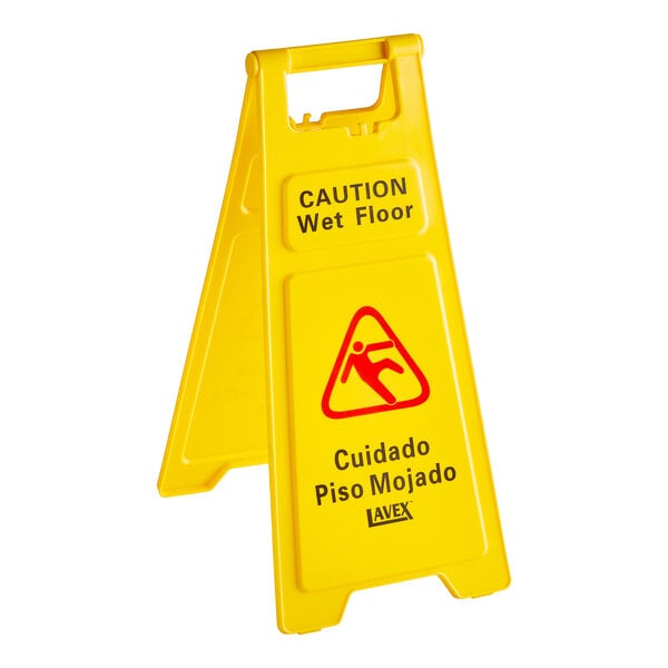 A yellow Lavex polypropylene A-Frame "CAUTION Wet Floor" sign.