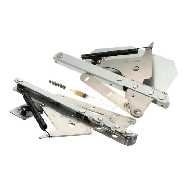 A close-up of two metal clamps with screws on a white background.