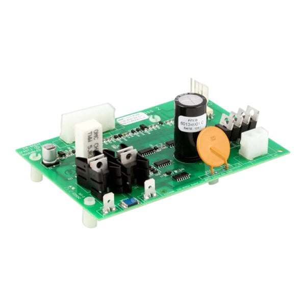 A green circuit board with black and white components.