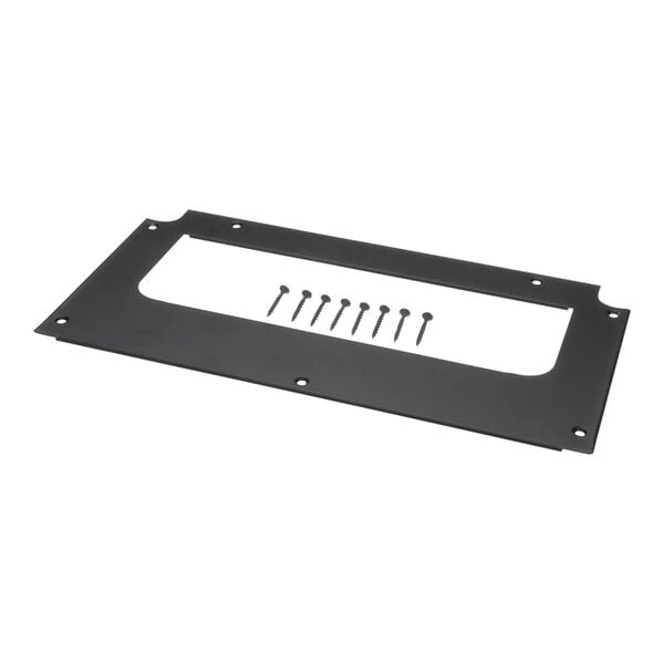 A black metal rectangular door handle plate with screws.