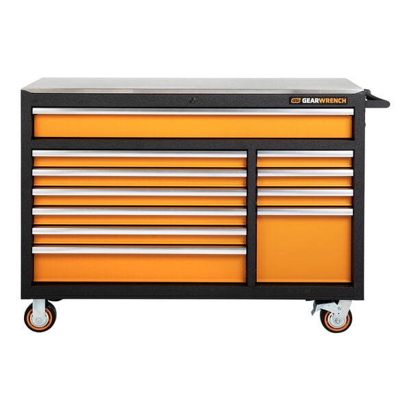 A black and orange Gearwrench tool cabinet on wheels.