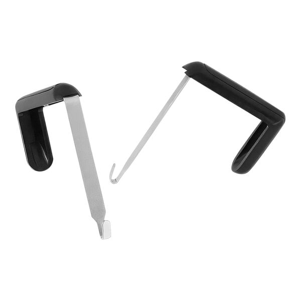 A pair of black Acco partition hangers with silver hooks.