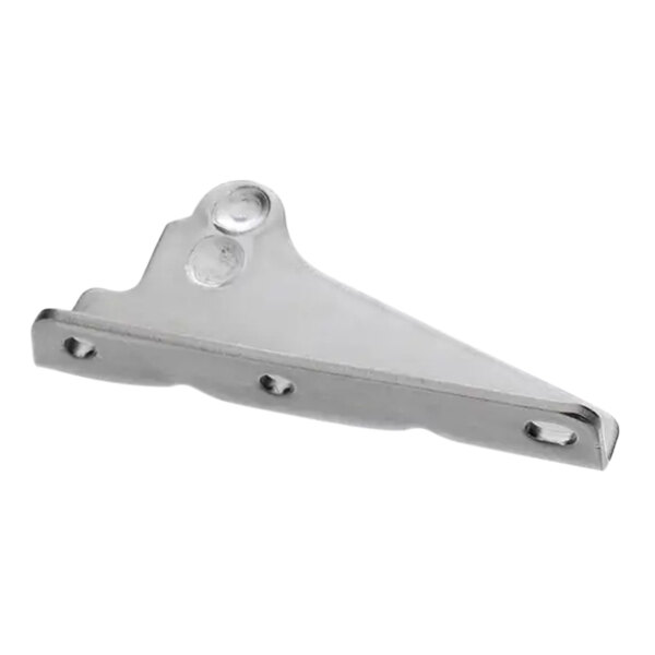 A close-up of a stainless steel bracket with holes on the right.