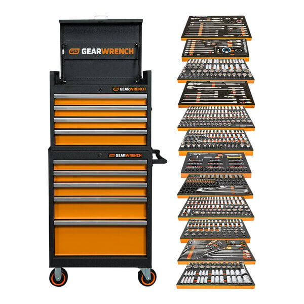 A black and white Gearwrench tool box with white and orange stripes filled with many different gear head tools.