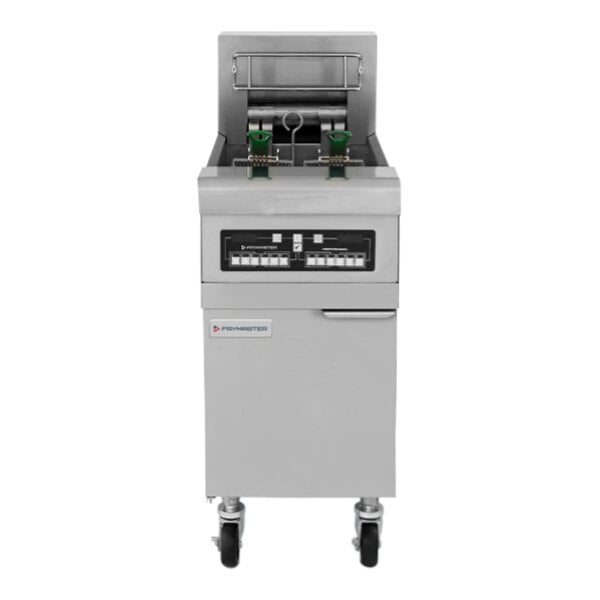 A Frymaster electric floor fryer with stainless steel cabinet.