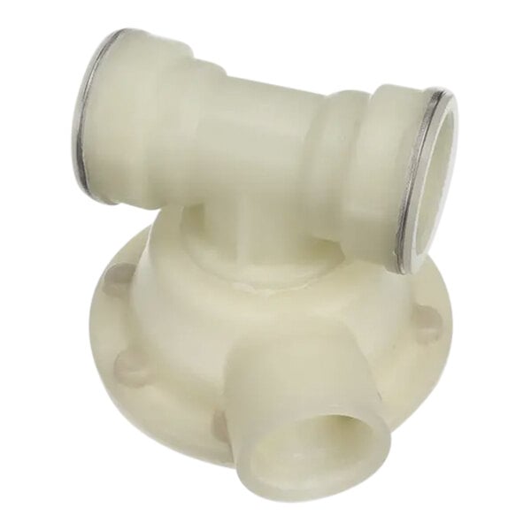 A white plastic pipe fitting with two white plastic pipes and silver rings.