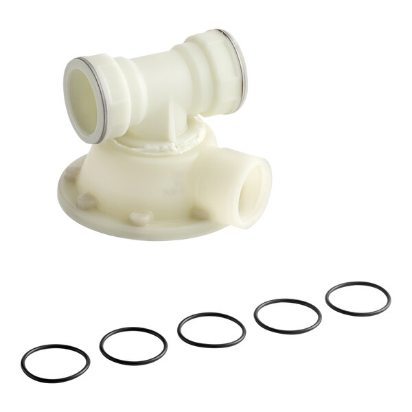 A white plastic Hobart Weldment Drain O-Rings Kit with black rubber rings.