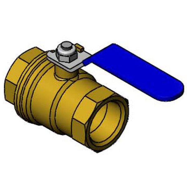 A T&S brass valve with a blue lever handle.