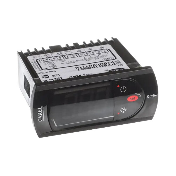 A black Everest Refrigeration Carel temperature controller with a white label.