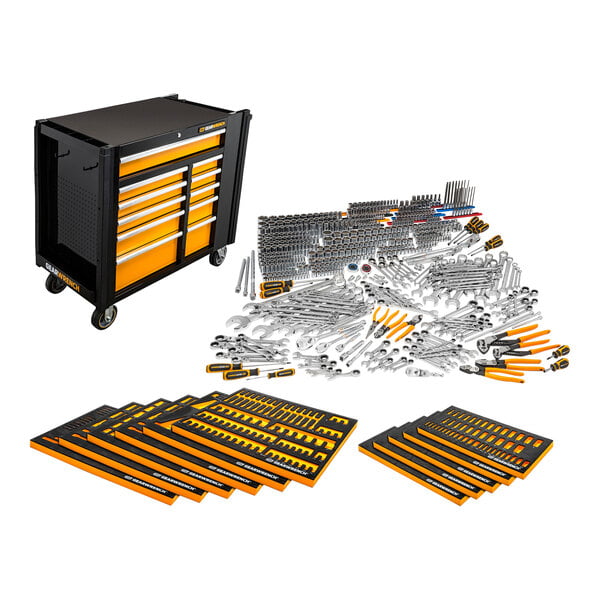 A black and yellow tool cart full of Gearwrench Megamod tools.