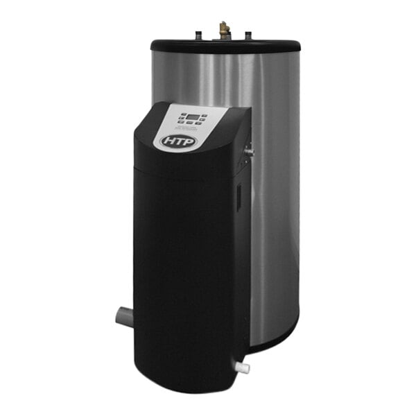 A black and silver HTP Phoenix water heater tank with a white lid.