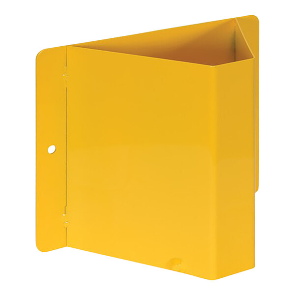 A yellow metal box with a hole for Truck-Mounted Wheel Chocks.