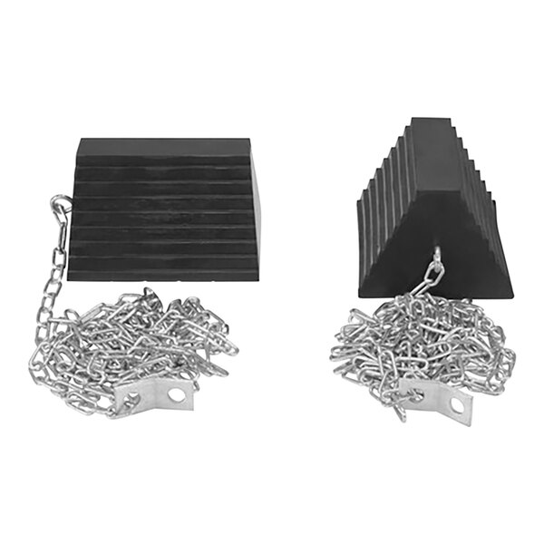 A black rectangular rubber wheel chock with a white border and silver chains.