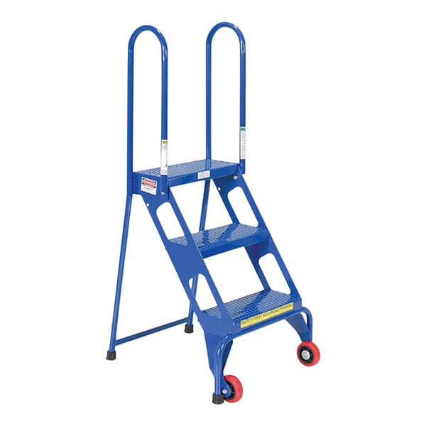 A blue Vestil steel 3-step ladder with red wheels.