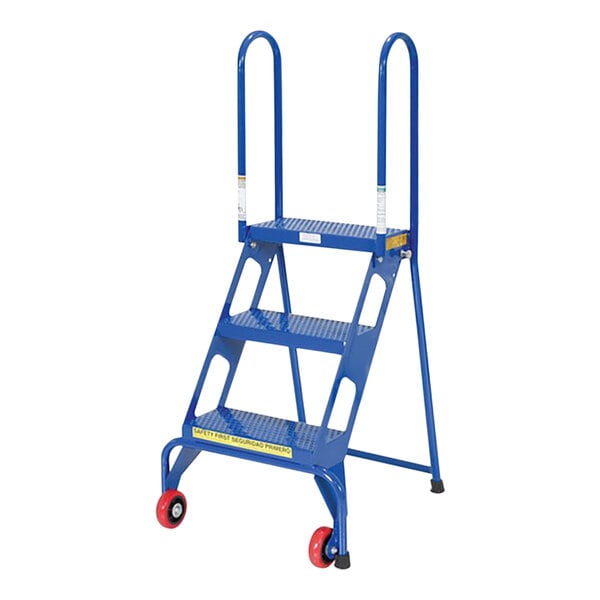 A blue Vestil 3-step ladder with wheels.