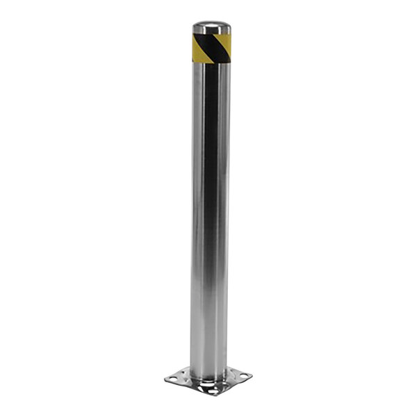 A Vestil stainless steel safety bollard with a yellow and black stripe on top.