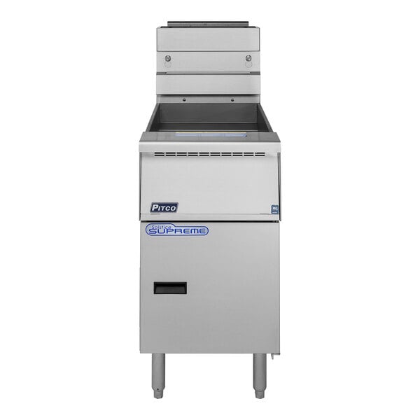 A stainless steel Pitco Solstice Supreme gas fryer with two frypots.
