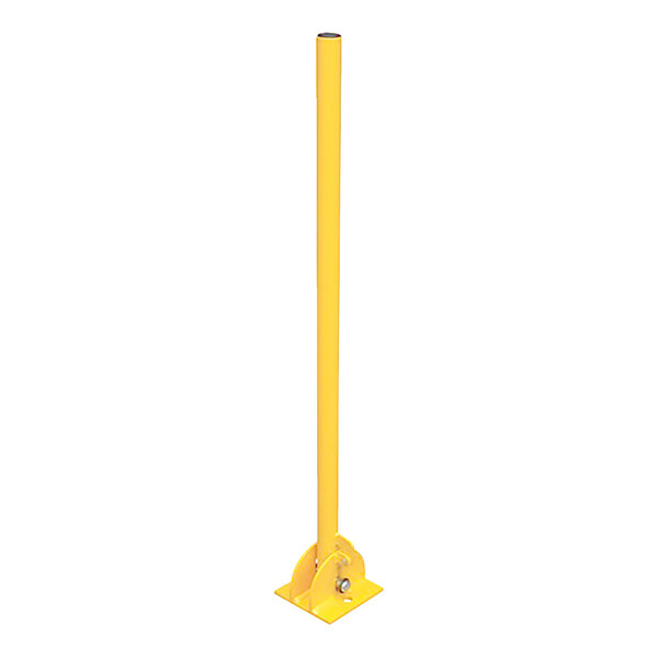 A yellow metal pole with a metal base.