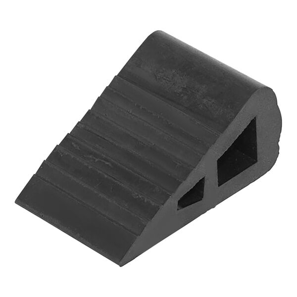 A black rubber triangular wedge with two holes.