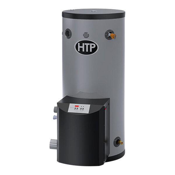 A grey HTP Phoenix natural gas water heater with a black box.