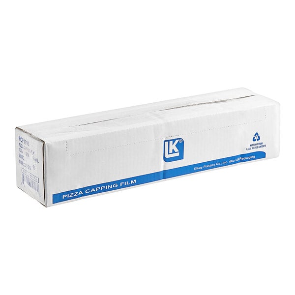 A white box with blue text reading "LK Packaging 16" x 16" Pizza Capping Film" on a counter.
