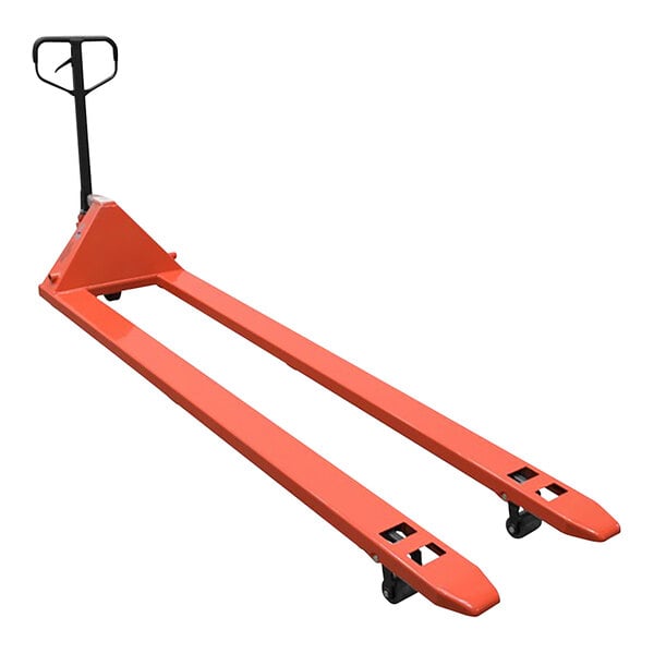 A red and black Vestil Steel hydraulic pallet truck with black handle and two wheels.