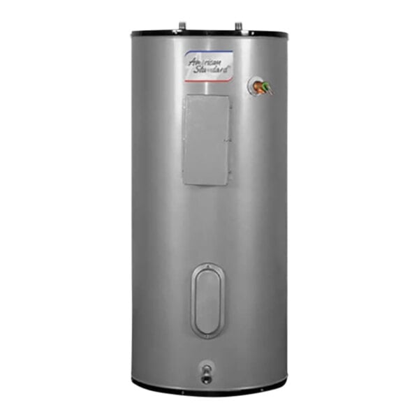 An American Standard light-duty electric water heater with a stainless steel tank and white door with a black handle.